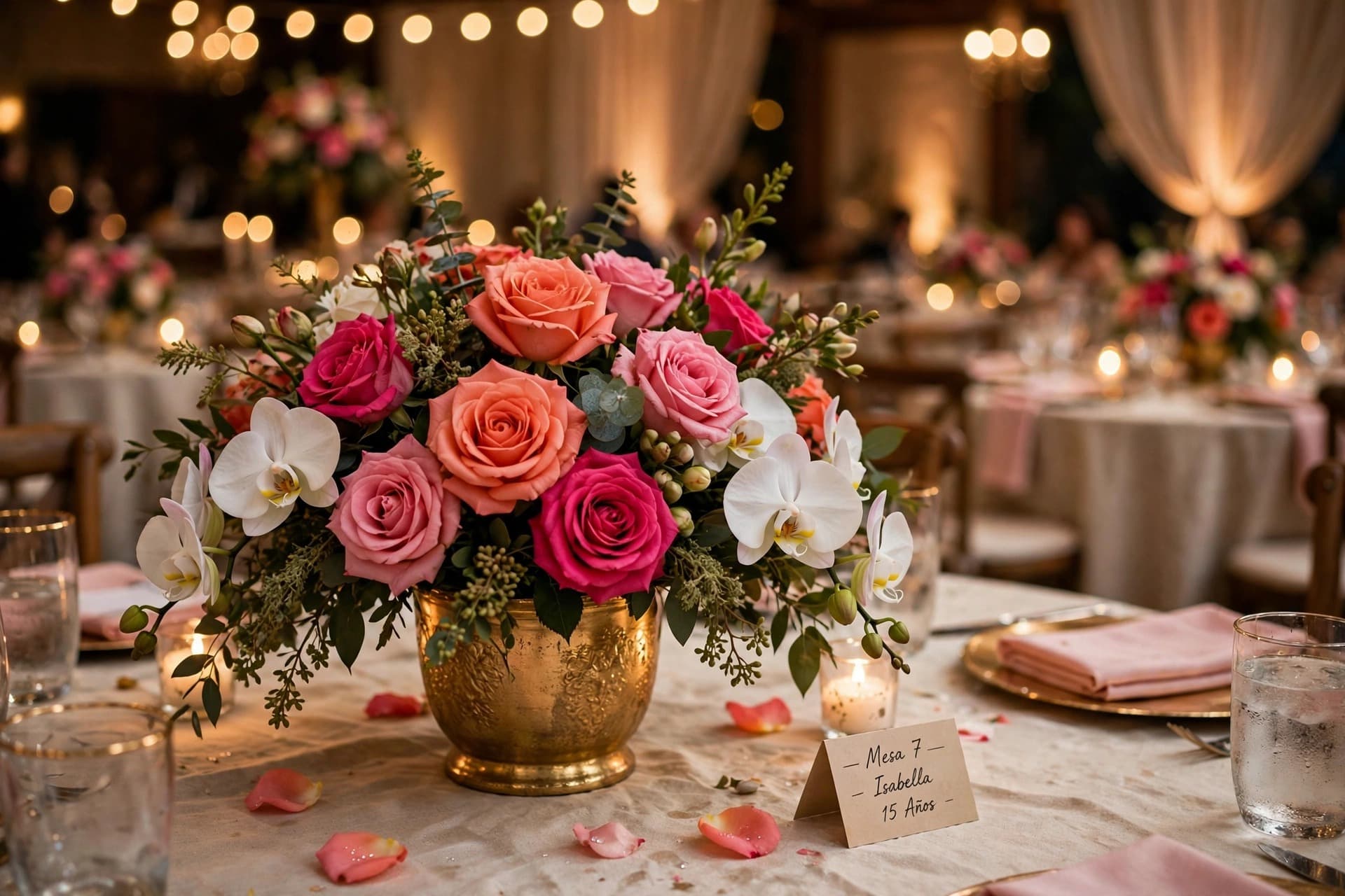 Pink and coral roses and white orchids fill a gold vase on a party table with candles and pink napkins.