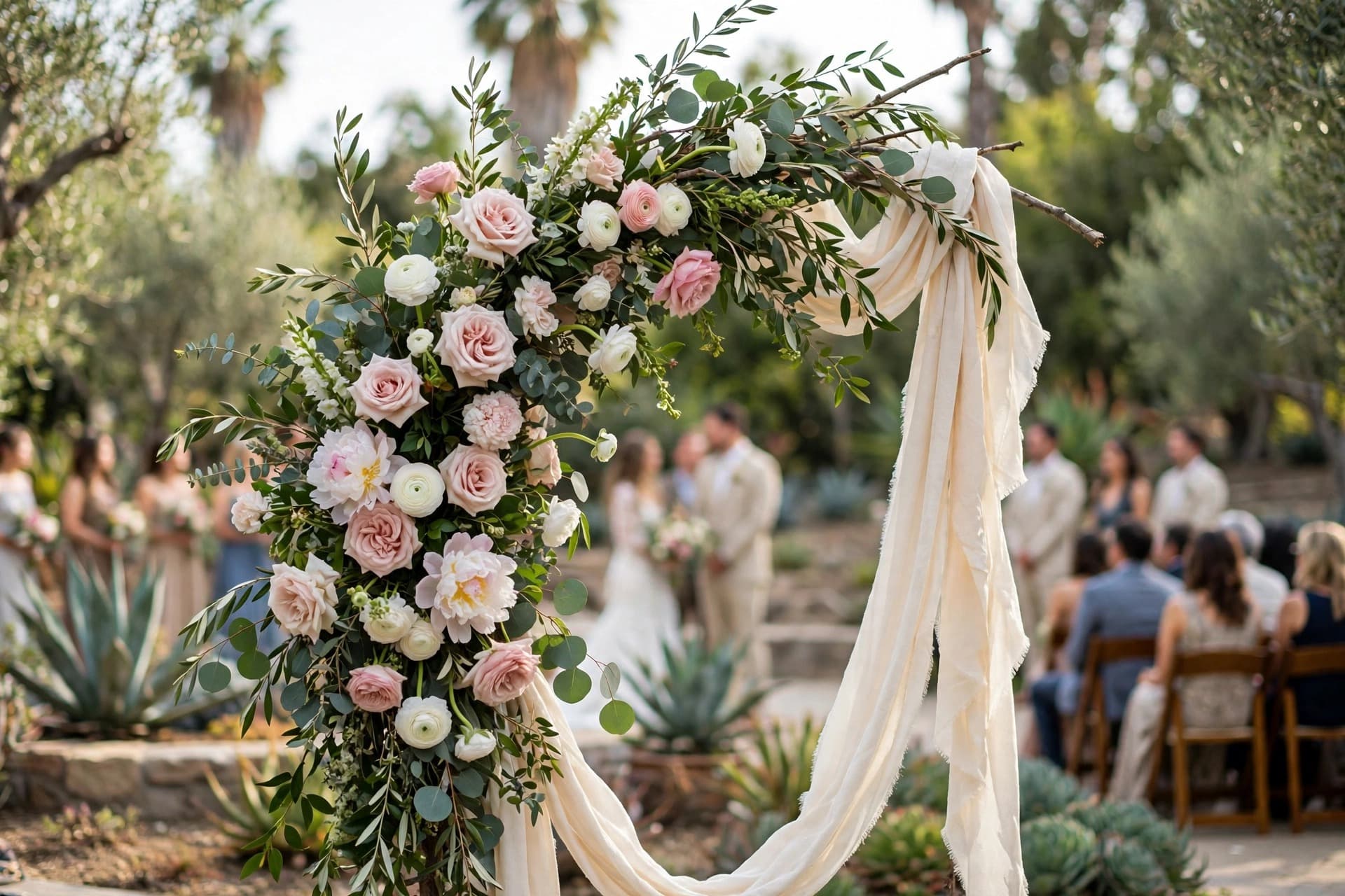 Pink and white flowers with green leaves cover a wedding arch draped in cream fabric at an outdoor ceremony.