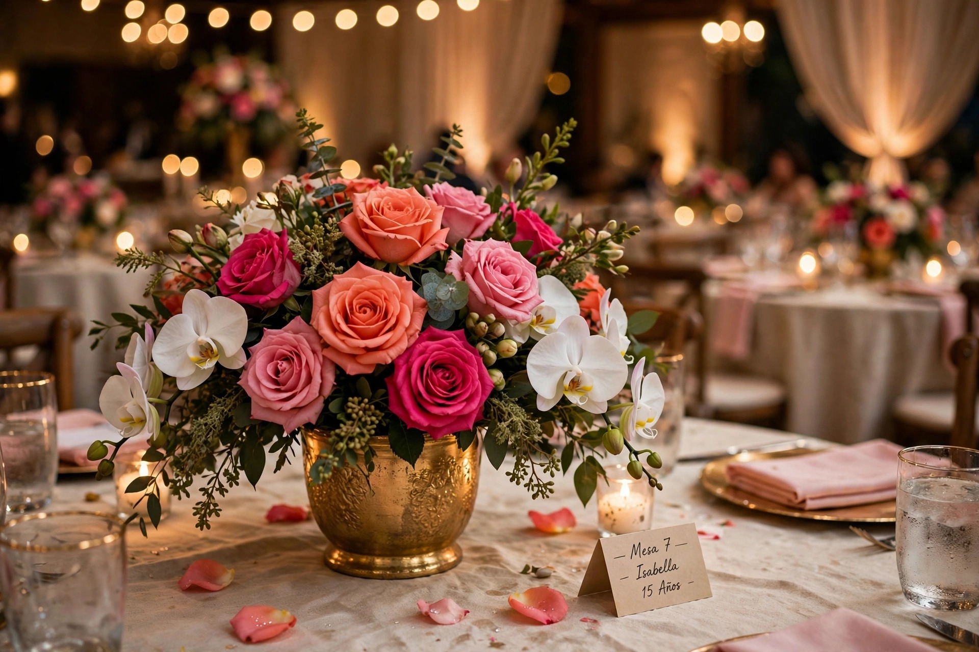 Pink and coral roses and white orchids fill a gold vase on a party table with candles and pink napkins.